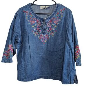 Two Twenty Womens XL Denim Blouse Blue Embroidered Paisley Floral 3/4 Sleeve Top